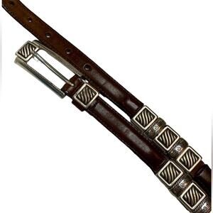 Brighton Women’s Brown Leather Silver Buckle Embellished Skinny Belt Sz 30